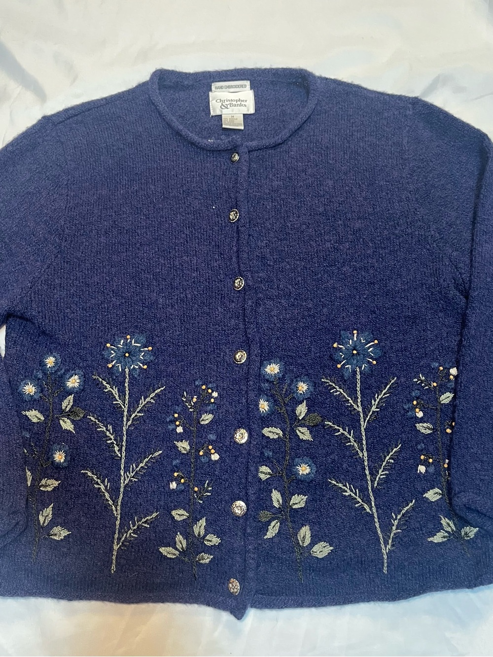 Vintage Christopher & Banks Womens Medium Hand Embroidered Floral Wool Blend